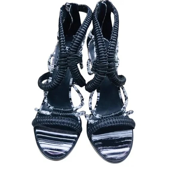 L.A.M.B Zebra Vine Black and White Strappy Leather Heels Sandals Size 8.5 - Picture 11 of 15